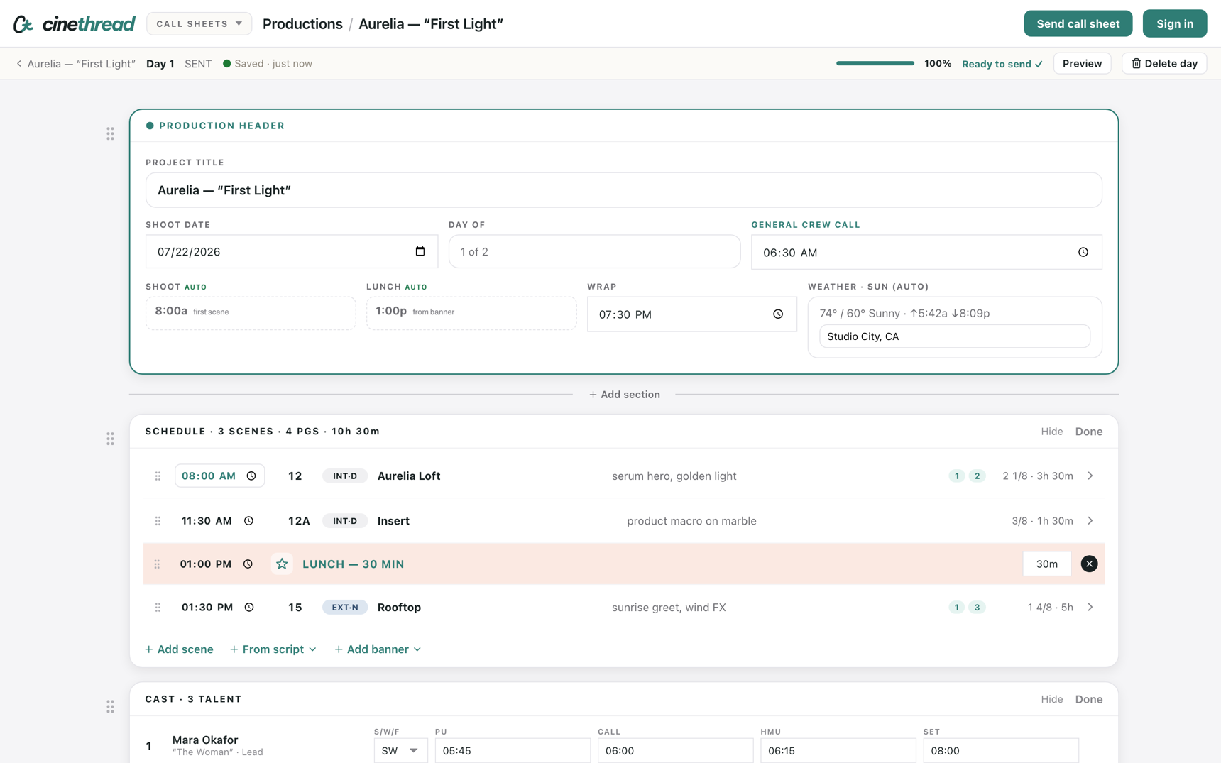 The call sheet editor: a production header block with shoot date, day number and general crew call, then a schedule block listing scenes with start times, and a cast block with per-person pickup, call, hair-and-makeup and on-set times.