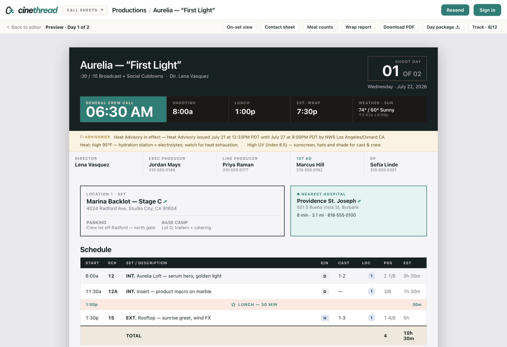 A finished Cinethread call sheet: dark header with the production title and shoot day, a call-time band showing general crew call, shooting, lunch, wrap and weather, then key contacts, location and hospital, and the day's schedule table.