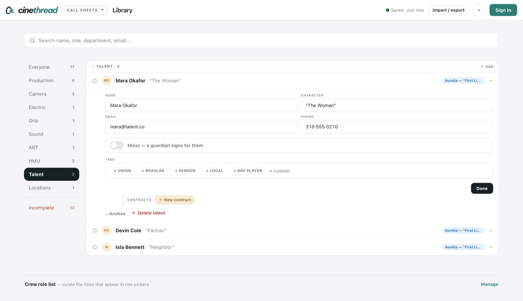 The Library: a search field across the top, a department rail down the left listing Production, Camera, Electric, Grip, Sound, Art, HMU, Talent and Locations with counts, and an expanded talent entry showing name, character, email, phone, a minor toggle and a row of tags.
