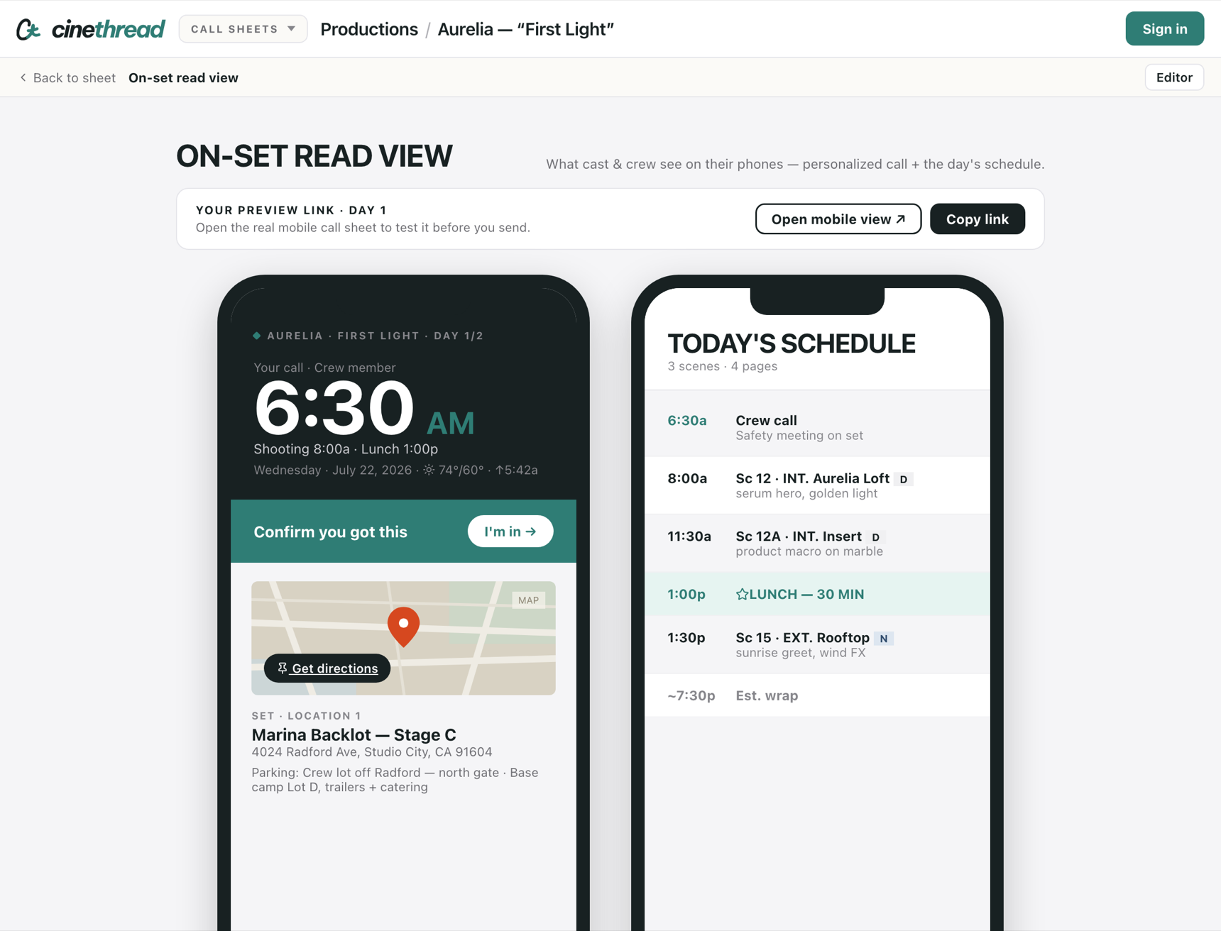 The on-set mobile read view shown in a phone frame: the production name and day, a large personal call time, a confirm bar, a map with a get-directions button, and the location address with parking and base camp notes.