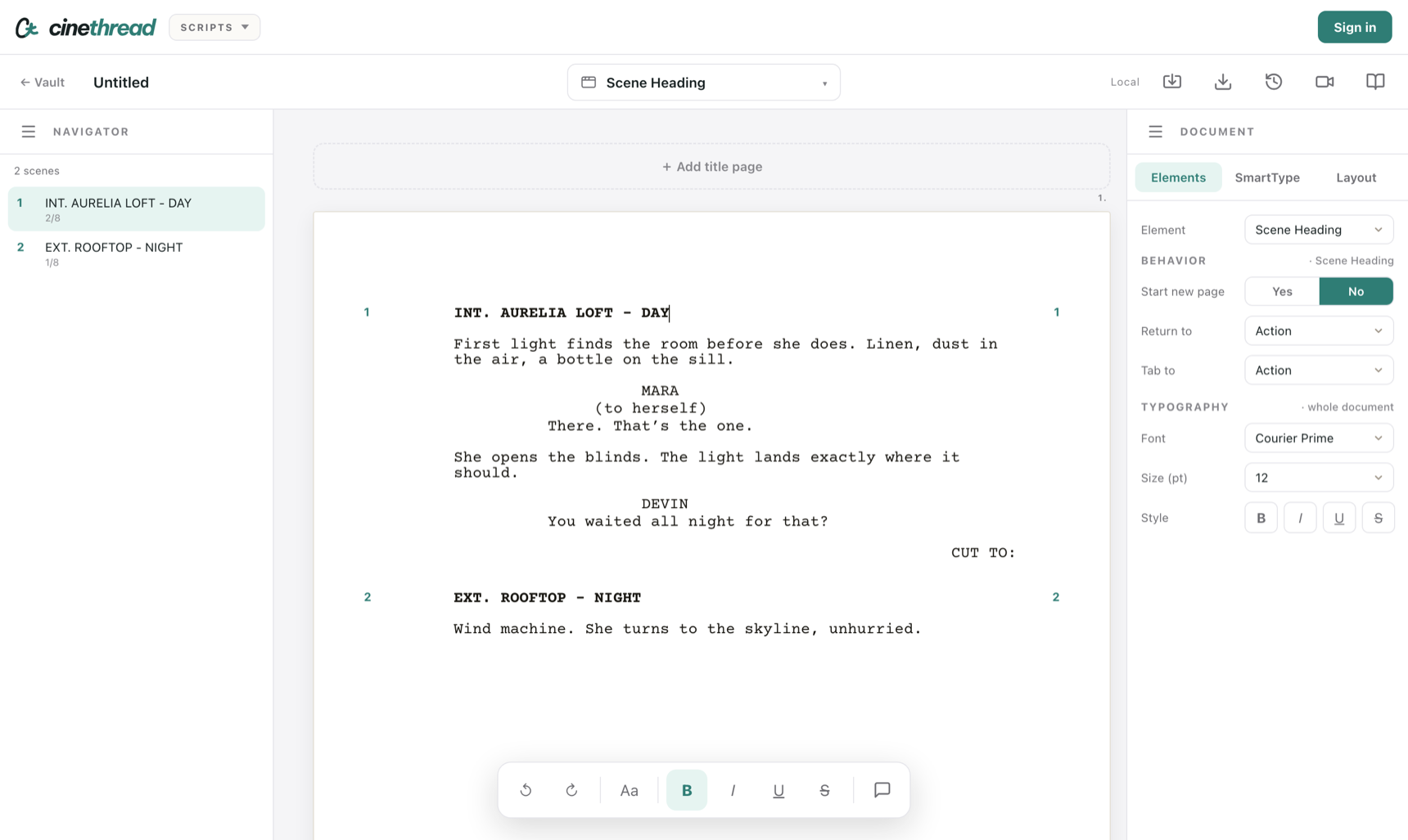 The Scripts editor: a Navigator panel listing two scenes with page counts, a screenplay page in Courier showing a slugline, action, character and dialogue, and a Document panel with element, behaviour and typography controls.